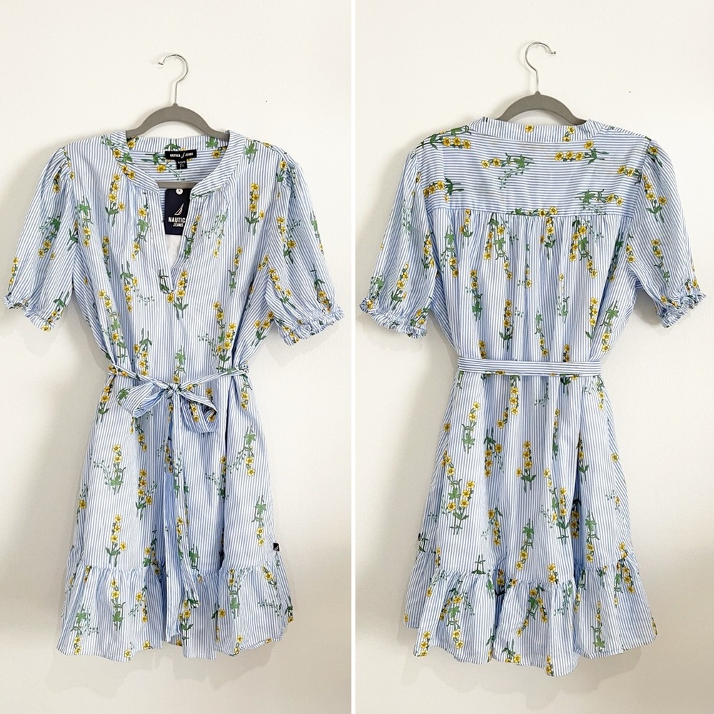 NWT Nautica 100% Cotton Floral-Stripe Print Tie-Waist Dress - Picture 3 of 6